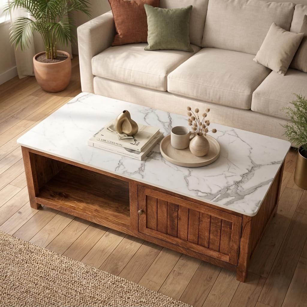 Solid Wood Madrid Centre Table | Premium Sintered Stone Center Table for Living Room | Wooden Coffee Table | Finish- Premium Dark Teak-image-0