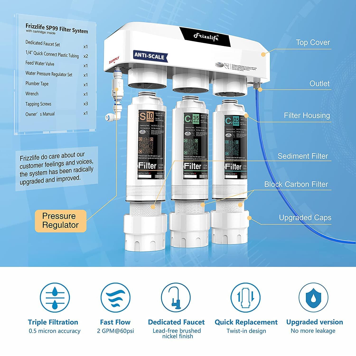 Frizzlife SP99 Untertisch Wasserfilter mit Wasserhahn, 0,5 Mikron 3-Stufen, NSF/ANSI 42&53 zertifiziert, entfernt 99,99% Blei, Chlor, Anti-Kalk-Technologie verlängert die Filterlebensdauer
