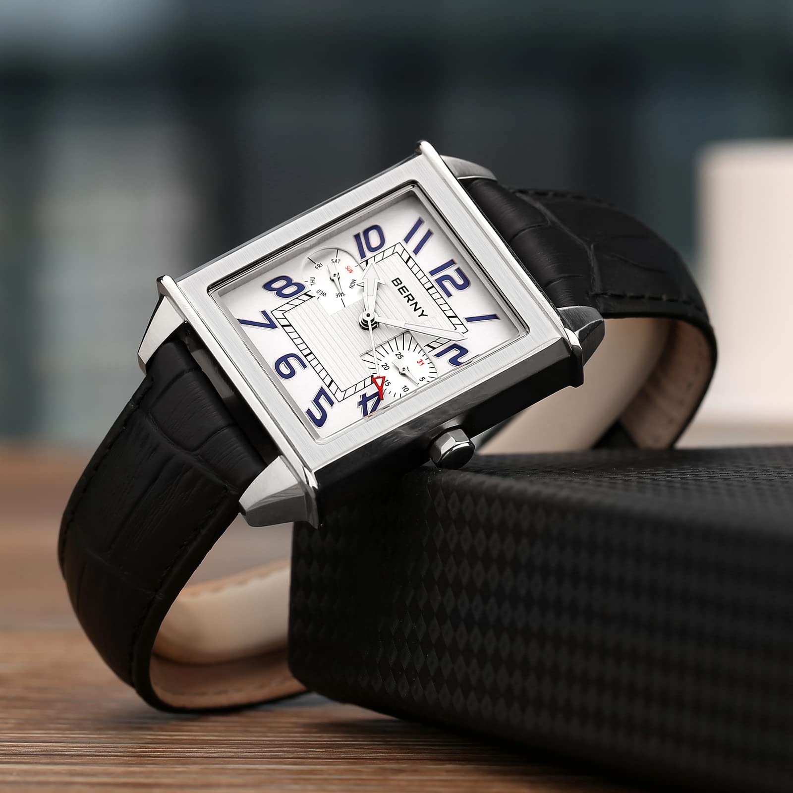 BERNY Montres carrées pour Hommes Mouvement Suisse Montre à Quartz Calendrier rectangulaire Montre à Bracelet en Cuir