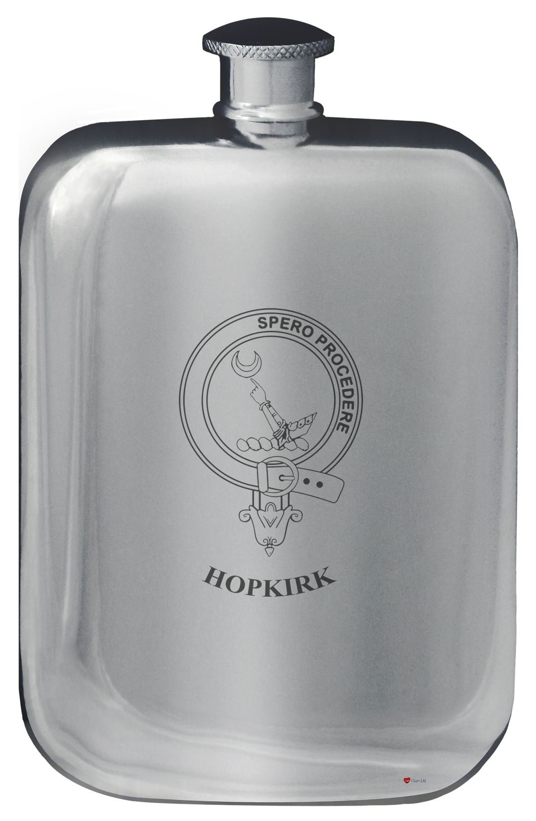 Flacon de poche de hanche en étain poli Hopkirk 6 oz avec blason gravé
