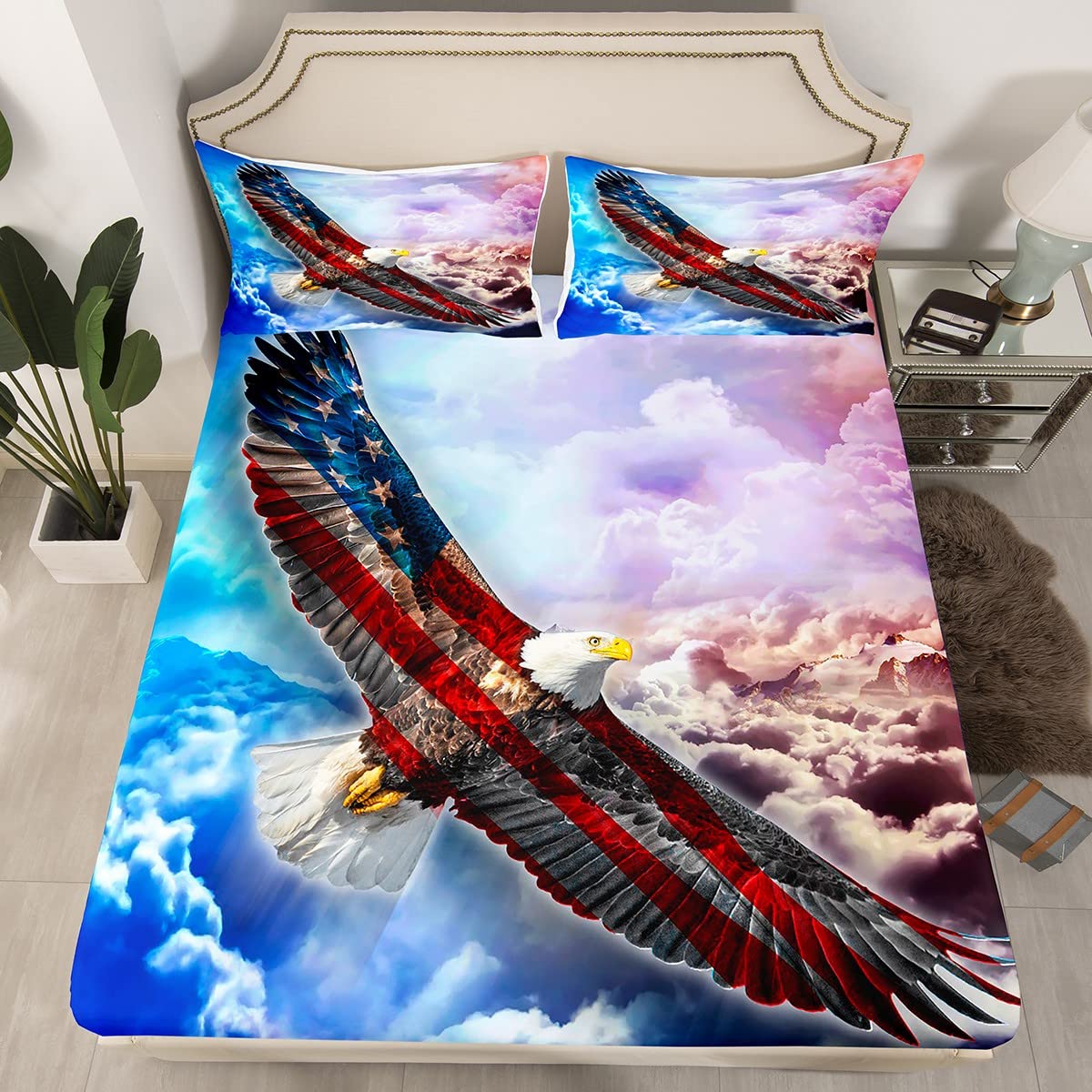 American Flag Bedding Set Bald Eagle Bed Sheet Twin Size for Kids Boys United States Flag Stars Fitted Bed Sheets Stripes Animals Bird Wildlife Bed Sheet USA National Flag Fitted Bed Sheets