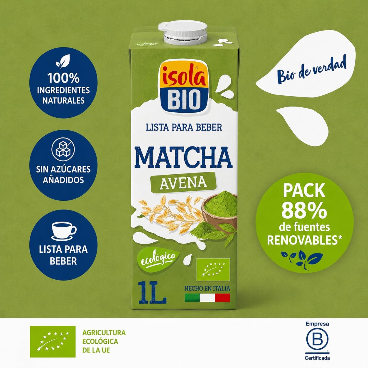 ISOLA BIO - Pack de 6 Unidades de 1 L de Bebida Ecológica Vegetal de Avena y Matcha - Sin Azúcar Añadido - Apto para Veganos - Ideal para Tomar Sola o en Batidos