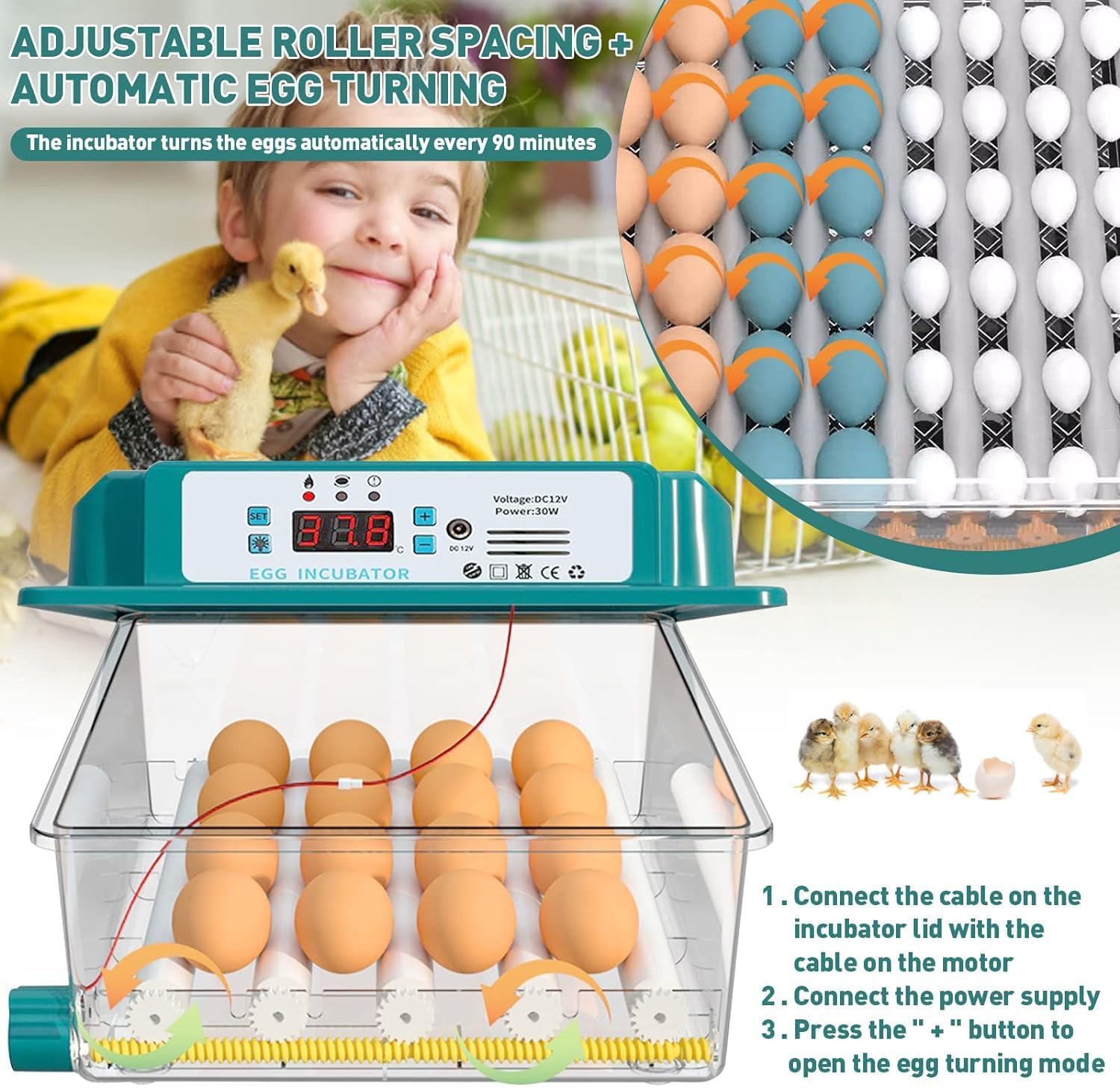 Incubadora de huevos con giro automático, control de temperatura y humedad, reposición de agua, vela de huevo, 5 modos, capacidad de 120 huevos para codorniz, pato, pollo, paloma