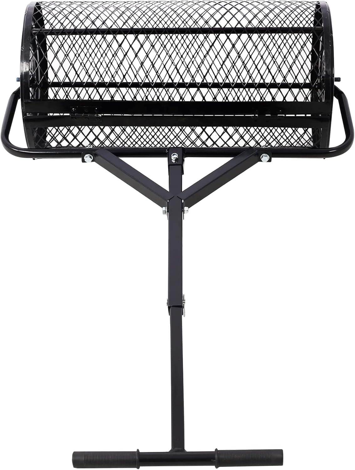 Distribuidor de compost - Rodillo de turba de 61 cm con mango ajustable en forma de T, ligero, de malla metálica, para césped, esparcir estiércol y tierra vegetal, color negro, con ranuras abiertas