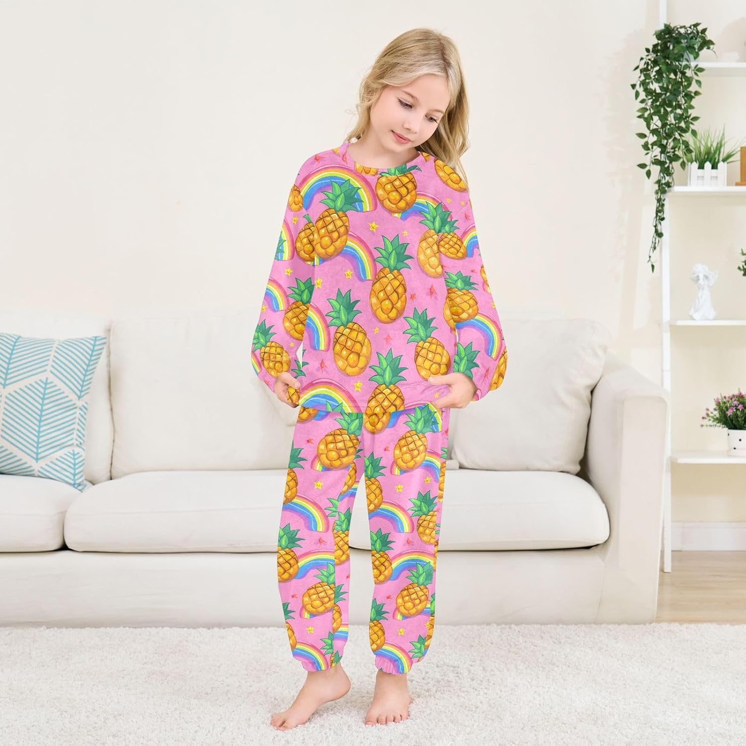 Kids Flannel Sets Pineapple Rainbow Hand Drawn Warm Plush Relaxed Clothing for Boys and Girls