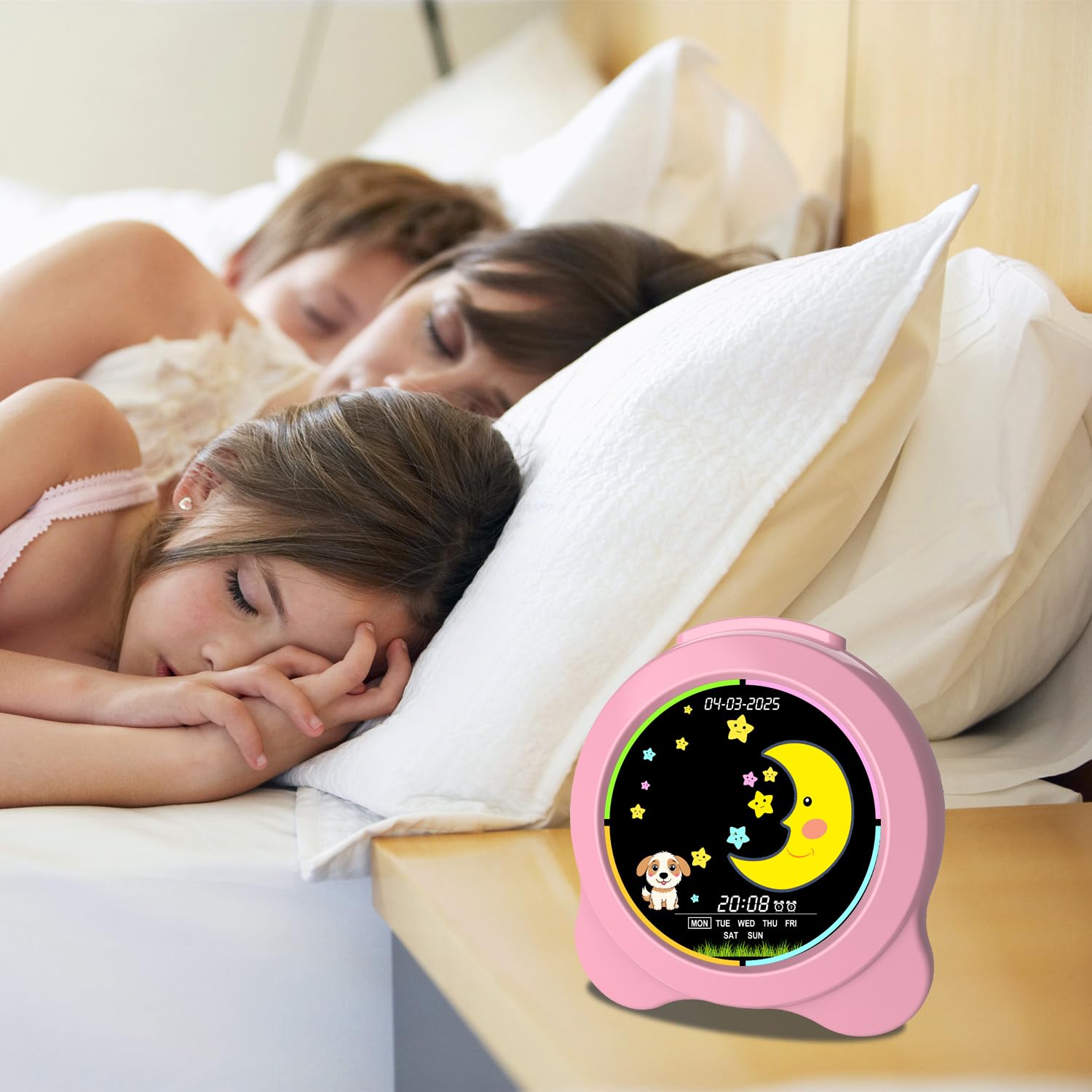 Kinderwecker Sonne & Mond LED-Anzeige mit Tag & Datum OK to Wake Uhr mit Nachtlicht für Kinder Kinder Schlaftrainer Geschenk für Jungen und Mädchen (Rosa)