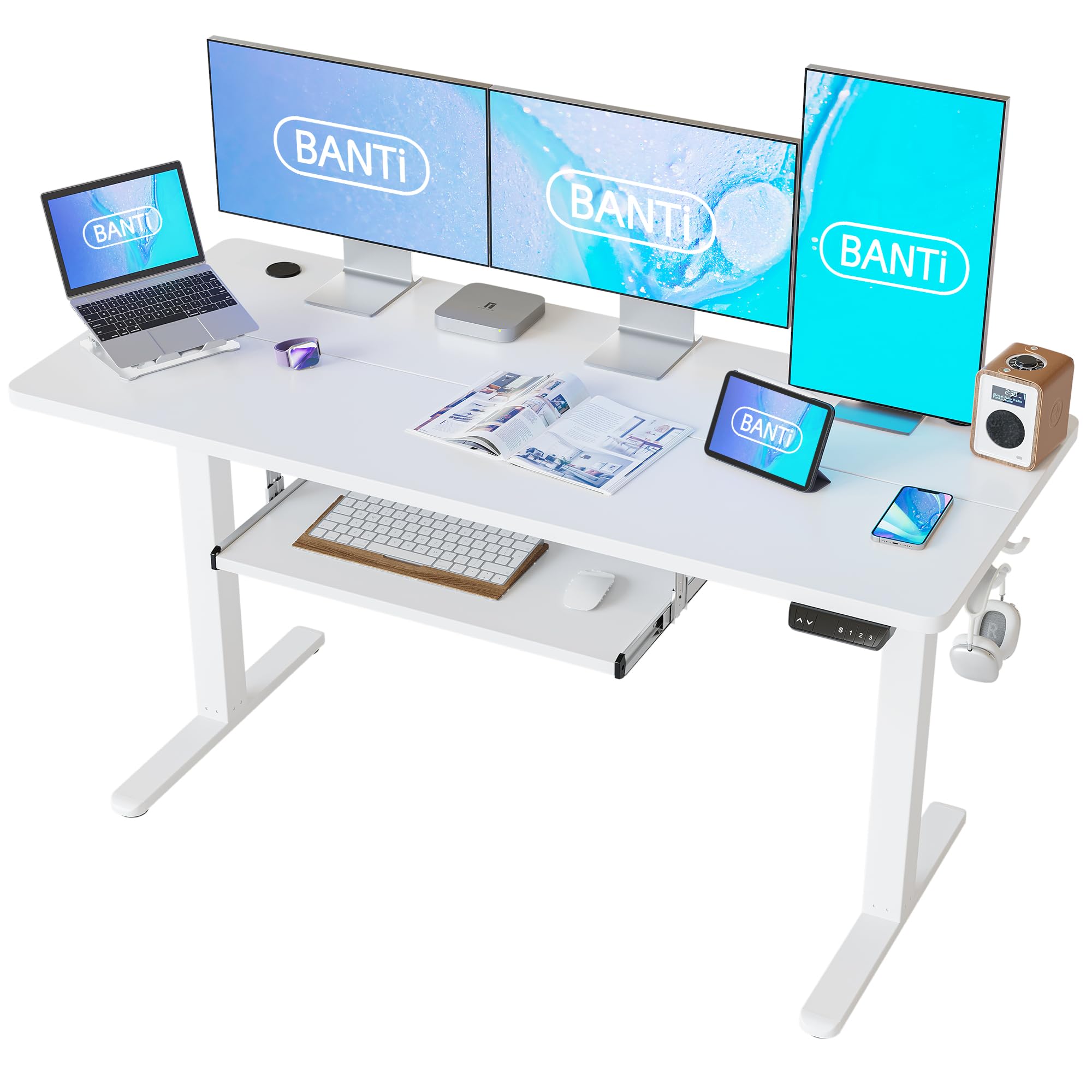 BANTI 63x24 inch electric standing desk in a modern office setting with a laptop and accessories.