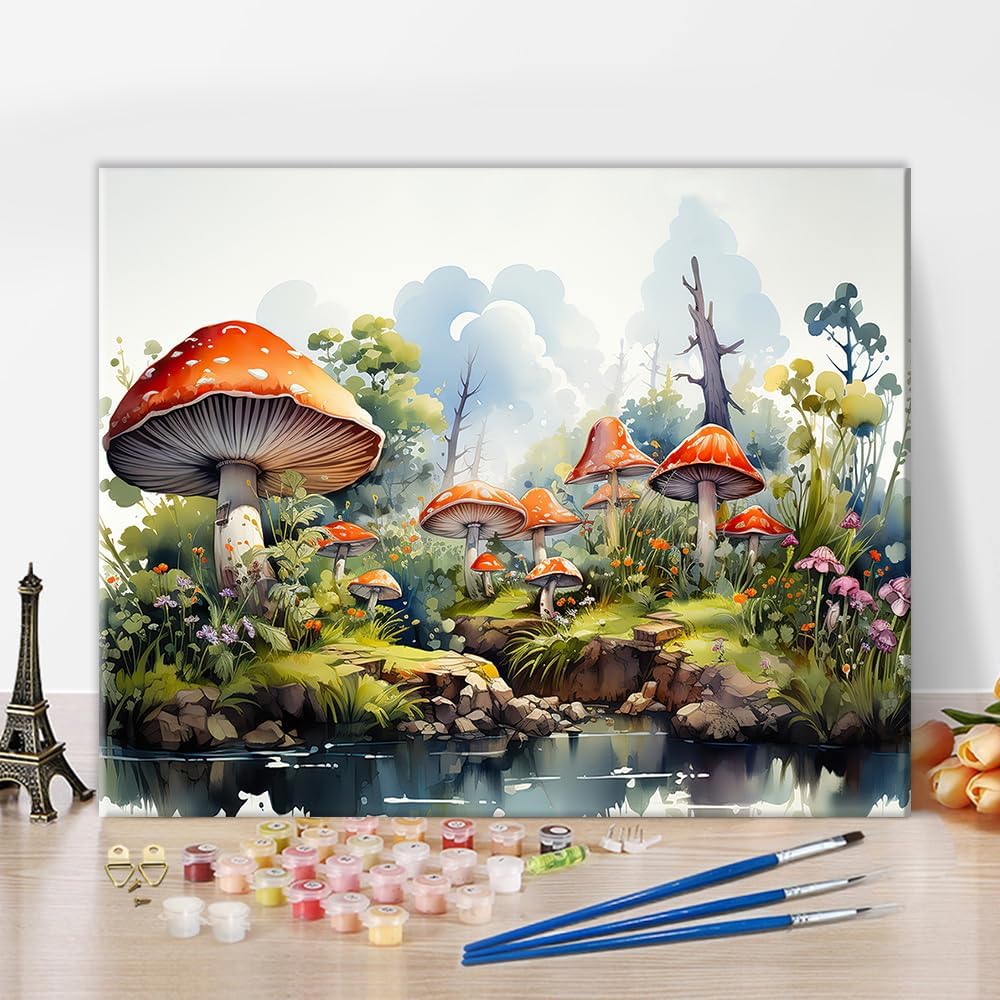 TUMOVO Red Mushrooms Watercolor Paintings Paint by Numbers for Adults Landscape Paint-by-Number Kits for Beginner and Acrylic Oil Painting by Numbers for Adults Art Crafts, 16x20 Inch, Frameless