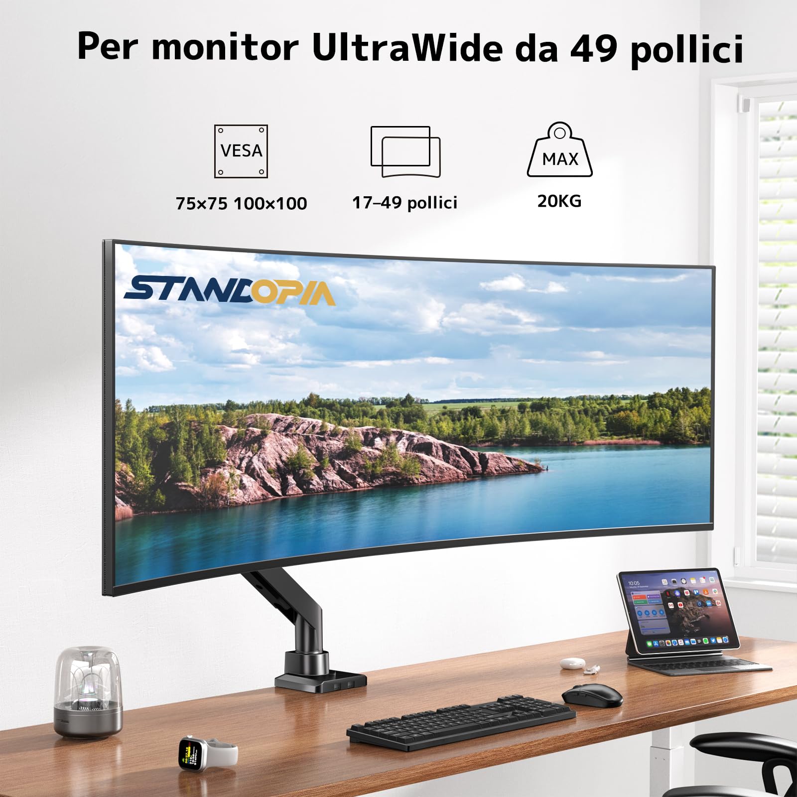 Supporto Monitor 1-Monitor da 17-49 Pollici – Braccio Monitor Ultrawide, Inclinabile, Regolabile in Altezza, Girevole, Portata Max 20KG, VESA 75/100mm, Nero