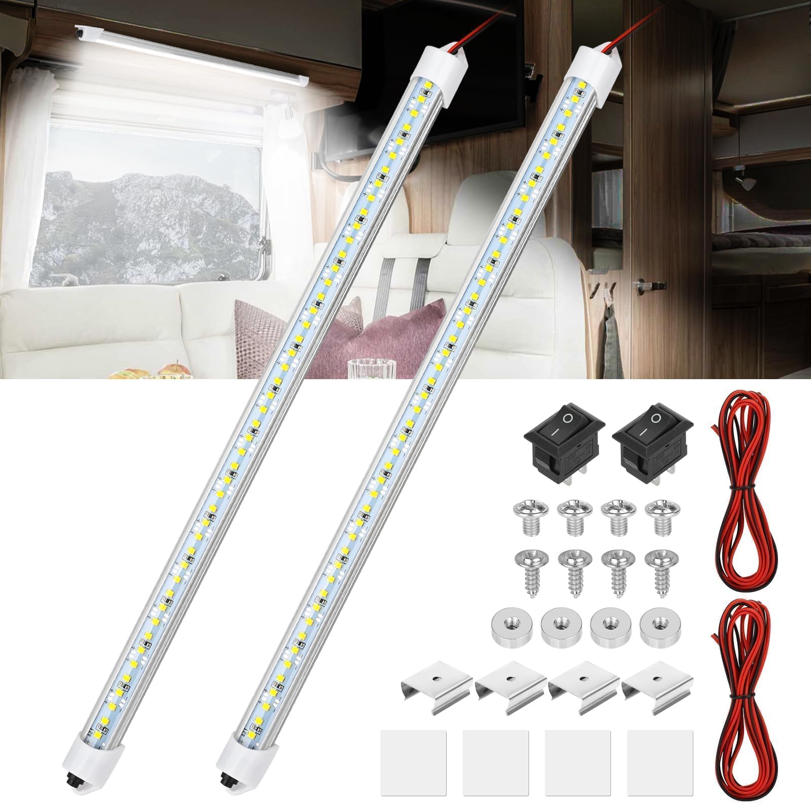 Linkstyle 2 PCS Barra de Luz Interior para Coche, 48 LED 3W 6500K 12V Tira LED con Interruptor para Furgoneta, Autobús, Camión, Barco, 700LM Luz Blanca Fría
