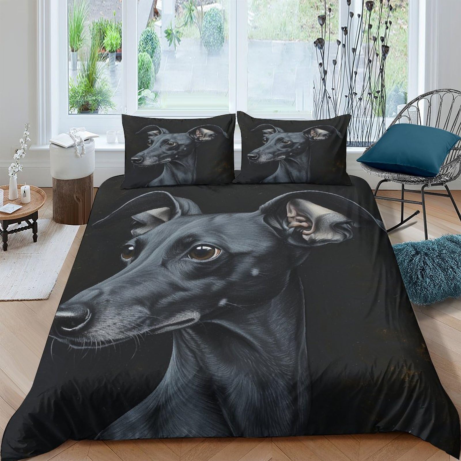 TNFHSOFT 3D Lurcher Dog Duvet Cover Bedding Set Soft Microfiber Duvet Set 3D Bedding with Zipper Closure for Kids Teens Adults 3PCs Double（200x200cm）