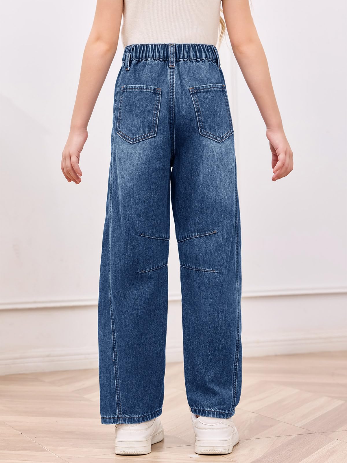 Haloumoning Jeans a gamba larga da bambina, alla moda, con elastico in vita, pantaloni larghi in denim con tasche, 5-14 anni