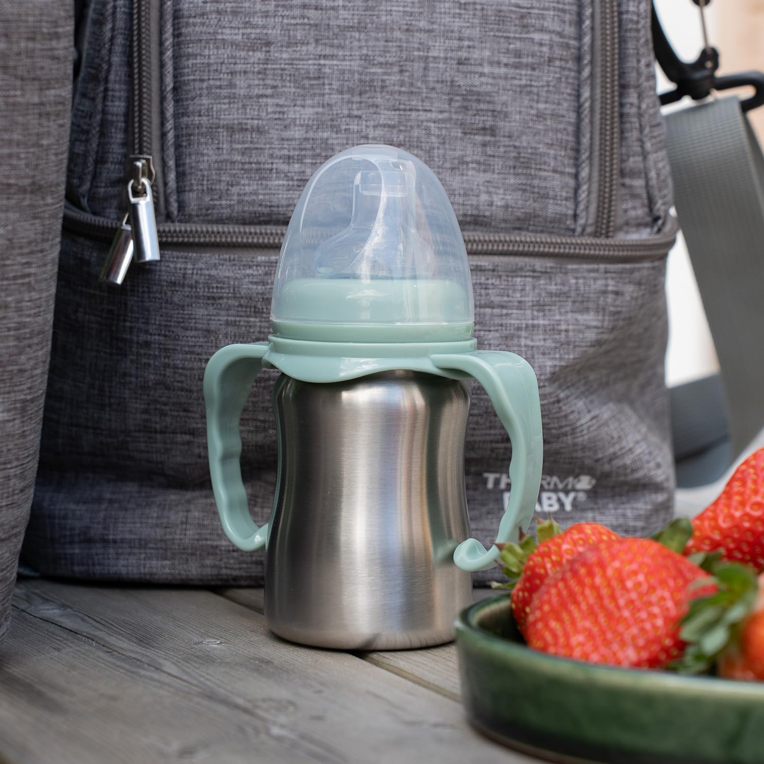 THERMOBABY - Tasse En Inox Bébé Avec Anses Et Tétine Silicone - Anti-Fuites - 180 ml - Facile À Nettoyer - Durable -Idéale Pour L’Autonomie De Bébé - Vert Cactus