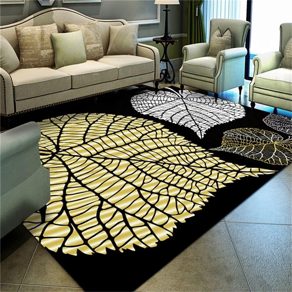 Tapis de couloir lavable noir et jaune 60x110cm avec motif feuilles