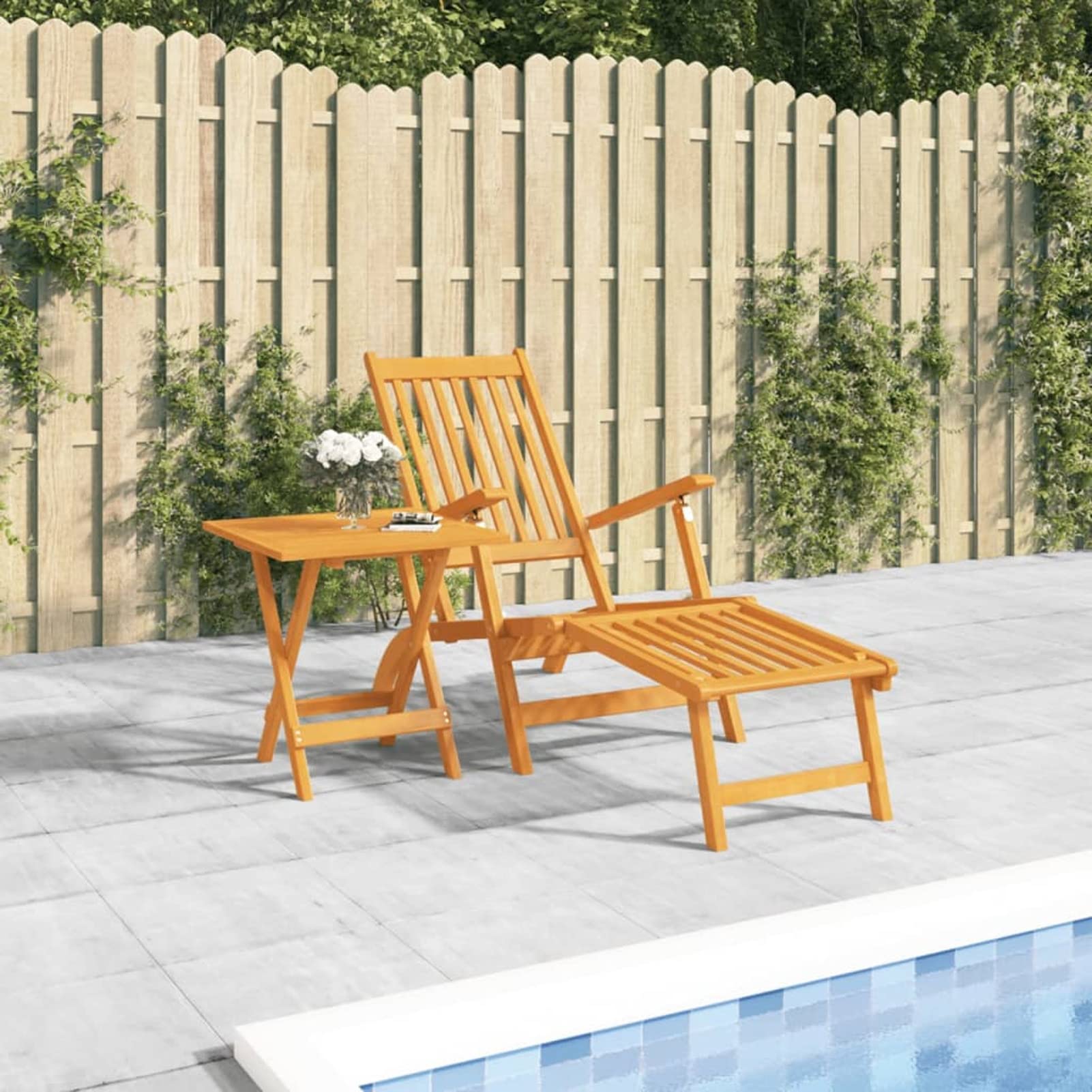 Chaise de jardin en bois acacia compacte avec table et repose-pieds gain de place