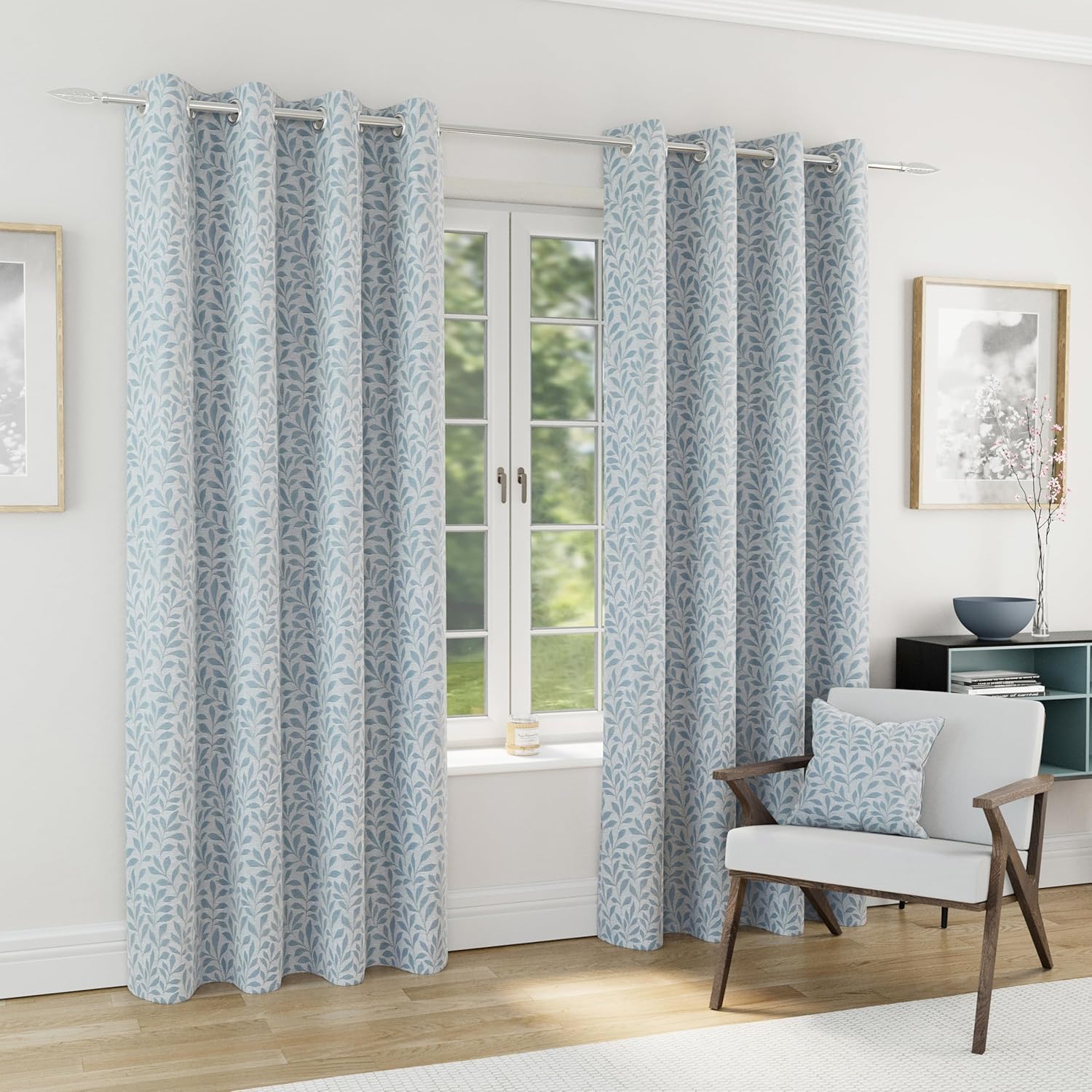 Enhanced Living Blue Sherwood 100% Blackout Jacquard Leaf Curtains - Thermal/Energy Saving Pair With Eyelets For Living Room & Bedrooms - Ice - 46" (117Cm) Width X 72" (183Cm) Drop