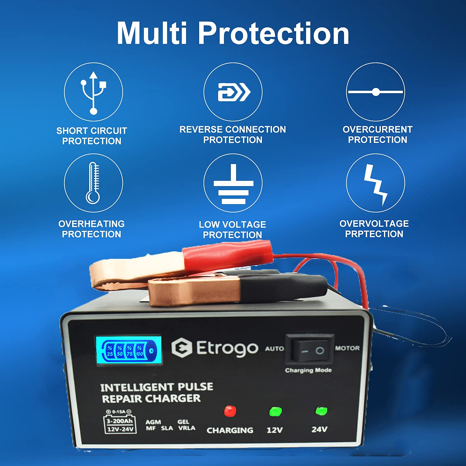 Etrogo Caricabatteria al Piombo Automatico 12V 24V 10A Caricabatterie Rapido Caricabatterie a Impulsi con Schermo LED a Barra