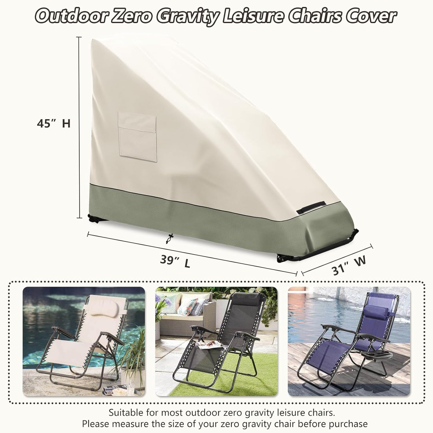 Zero Gravity Chair Cover XL,Outdoor Heavy Duty 600D Waterproof Zero Gravity Lounge Chair Cover,Patio Folding Zero Gravity Recliner Cover.Beige & Green,39" L x 31" W x 45" H.