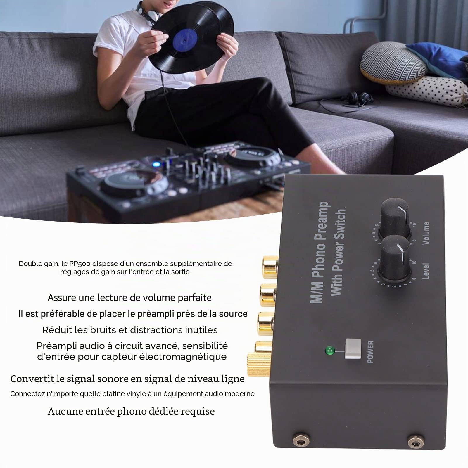 Préampli Phono pour Platine Vinyle,Préamplificateur Phonographe avec Entrée ,Sortie et Fonctionnement à Faible Bruit,Préampli Phono pour Tourne-Disque avec Adaptateur 12V CC