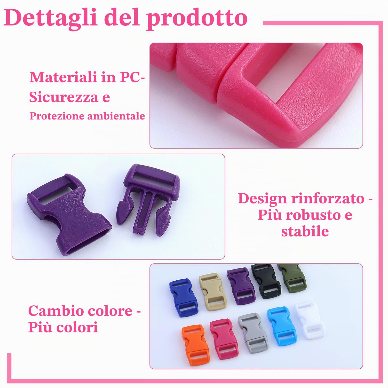 50 Pezzi Fibbie Plastic 10 mm,Laterali in plastica a sgancio rapido Mini Fibbie 3/8 Pollice,Multicolore Chiusure a Sgancio Rapido, Doppia Clip Fibbie Plastica,per Valigie,Cinghie