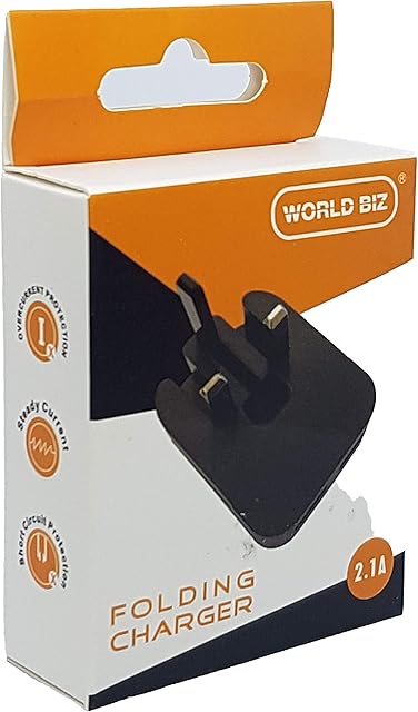 WorldBiz - 2 Port Foldable Folding Dual USB Plug Charger | Dual USB Wall Charger | 2.1A Black Mains Charger for iPhone Xs/XS Max/XR/X/8/7/6/Plus, iPad Pro/Air 2/Mini 4, and More