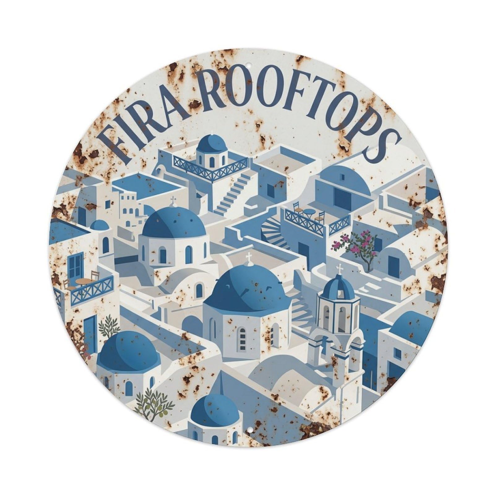 Galvaxio Style Vintage Travel Fira Santorini Rooftop Metal Tin Sign