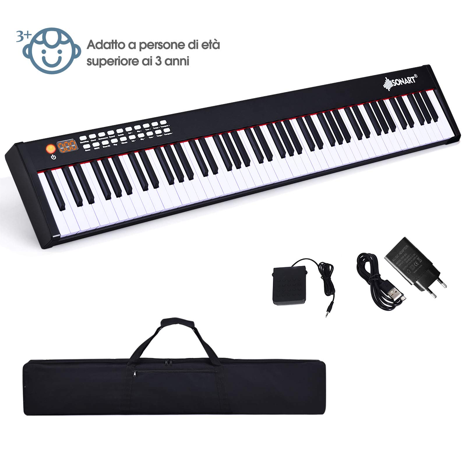RELAX4LIFE Pianoforte Digitale Portatile con 88 Tasti Illuminati, Custodia, Leggio, Modalità di Insegnamento,MP3/USB/MIDI/Bluetooth (NERO)
