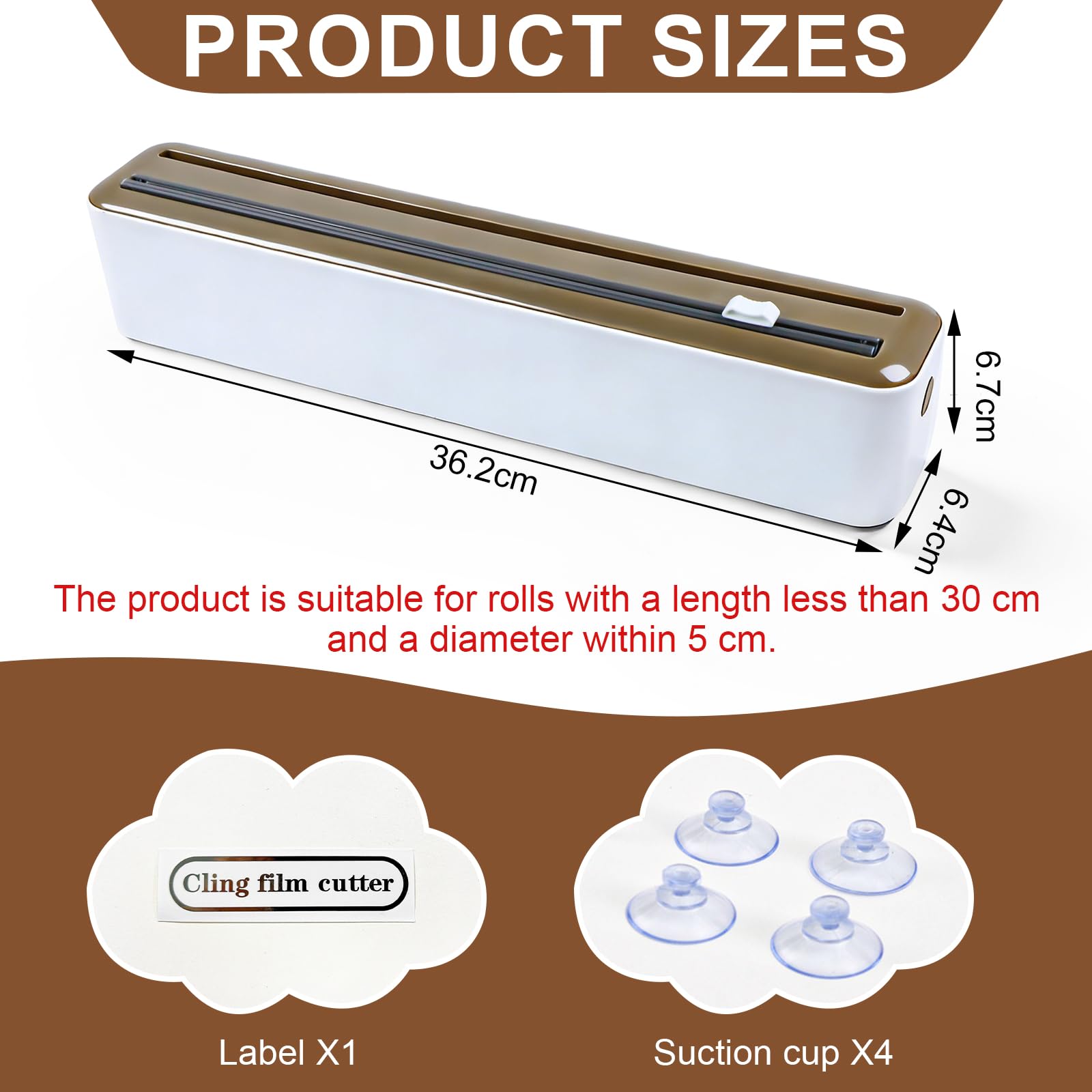 Derouleur Film Alimentaire, Distributeur Papier Aluminium et Film, Distributeur Film Alimentaire Convient aux Rouleaux de Moins de 30 Cm de Longueur et 5 Cm de Diamètre, Modèle à Ventouse, Brun