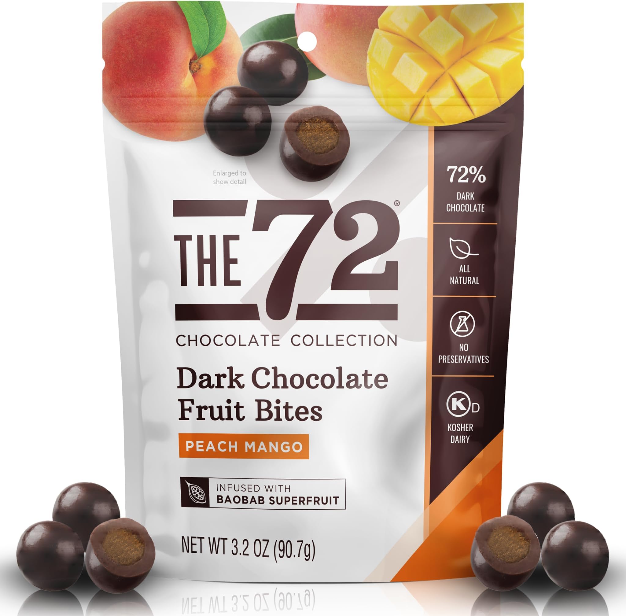 The 72 Chocolate Collection 72% Dark Chocolate Peach Mango Baobab Fruit Bites | 3.2 oz Bag | Antioxidant Rich Snack | Gluten Free Non GMO Keto Friendly Treat