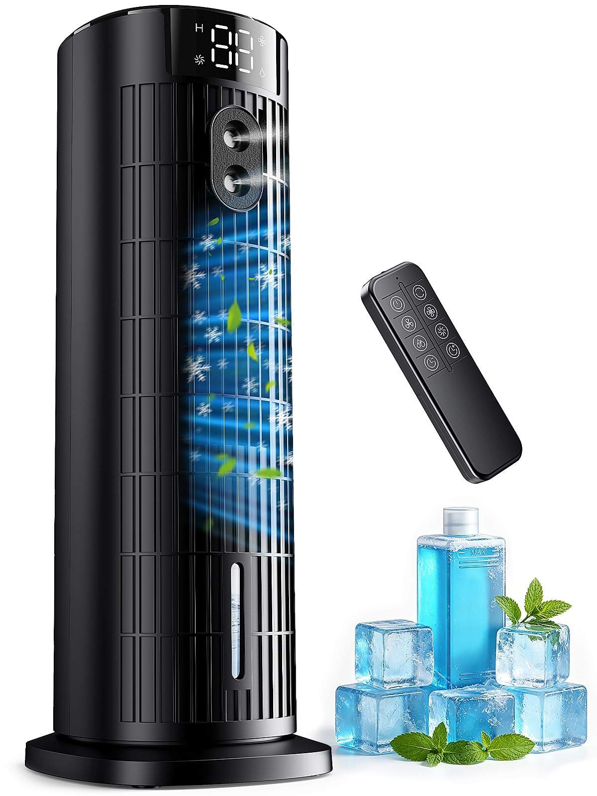 Portable Air Conditioner, 4-in-1 Air Cooler, 1000ML Evaporative Conditioner 4 Fan Speeds & Storm Mode, 90°Oscillating Tower Fan Remote Control 2-10H Timer Spray Air Cooler Fan for room(Matte Black)