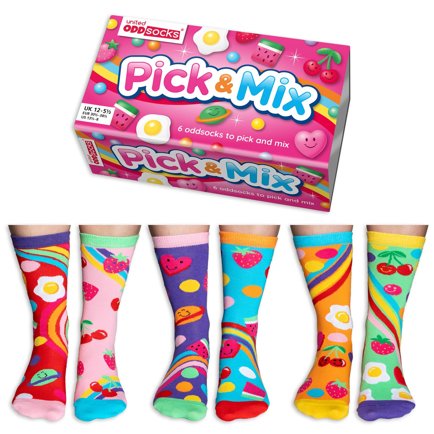 United Oddsocks Pick & Mix Girls Odd Socks Gift Box – 6 Colourful Candy-Themed Socks for Girls, UK 12–5.5, EUR 30.5–38.5, US 13.5–8 – Mix & Match Novelty Socks with Sweets, Fruit & Fried Egg Designs