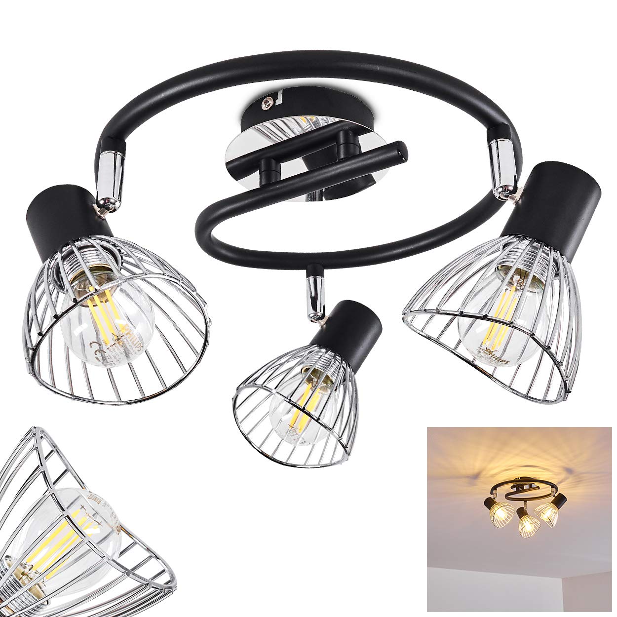 Plafondlamp Alsen, plafondlamp van metaal/stof in zwart/goud, met verstelbare spots en lamparmen, spot, 6 x E14, zonder gloeilampen