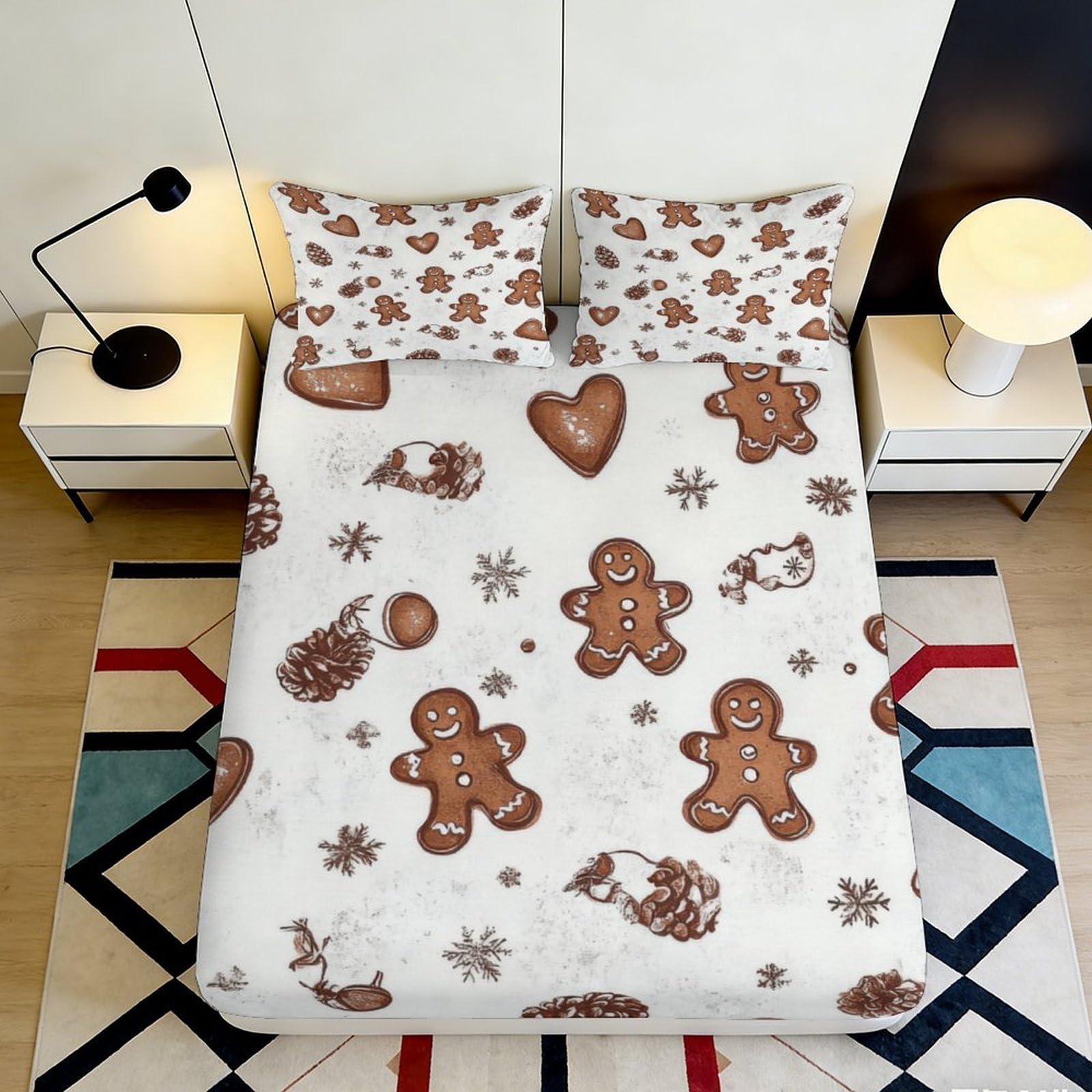 3D Printed Gingerbread Cookie Fitted Sheet Microfiber Non-Slip Christmas Snowflake Bed Cover for Bedroom Guest Room Easy Care 90x200x25cm