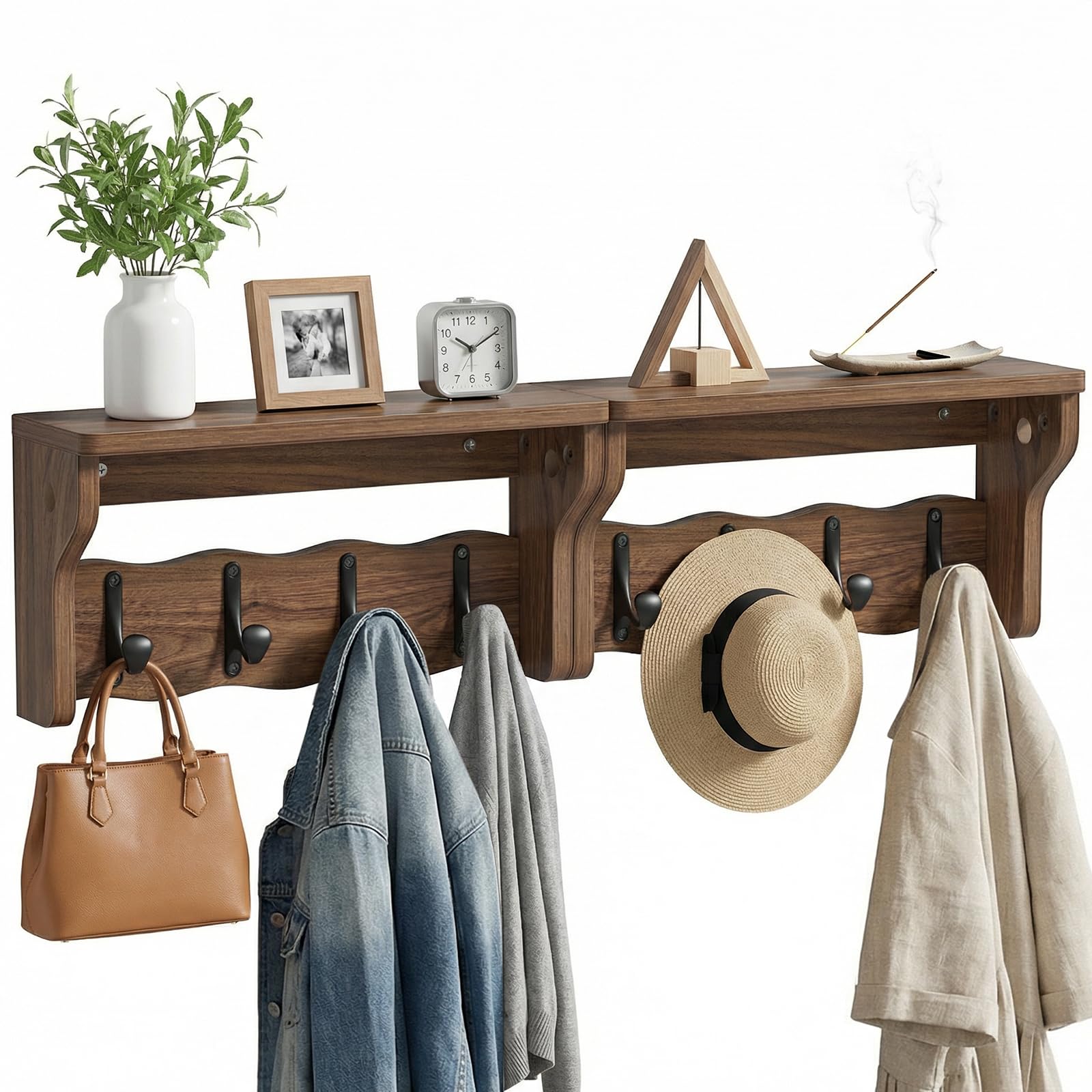 Lot de 2 patères portemanteaux muraux 40 cm - Étagère suspendue style rustique marron pour entrée, vestiaire flottant, chambre ou salle de bain