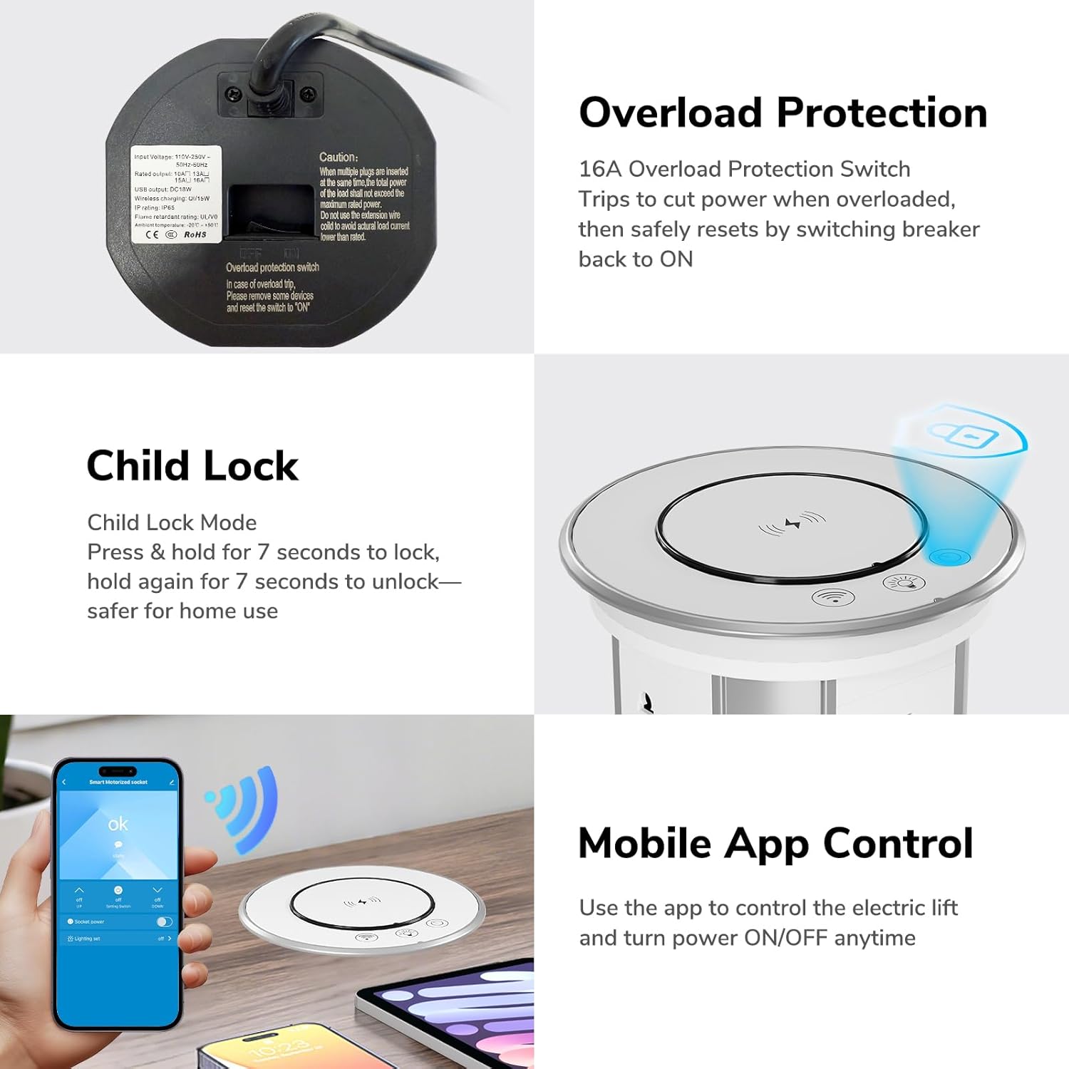 Pop Up Outlet for Countertop with 15W Wireless Charger & Mobile App Control-3 AC Outlets + USB-A & 20W USB-C Ports, 5.35" Recessed Pop Up Electrical Outlet Space Saver for Home Kitchen Office-White​