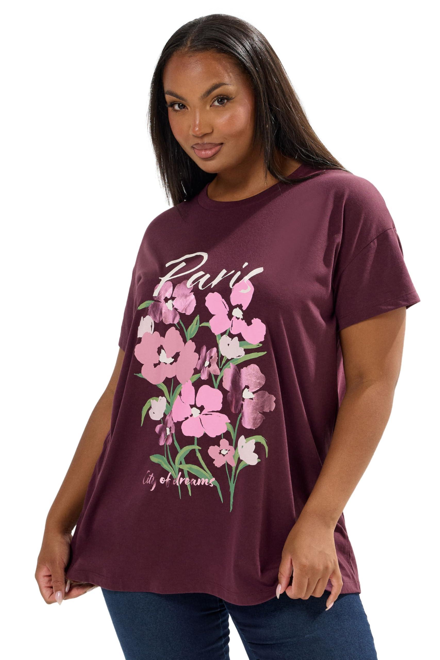 Yours Women's Purple Curve 'Paris' Floral Graphic T-Shirt - Plus Curve 26-28 Plus