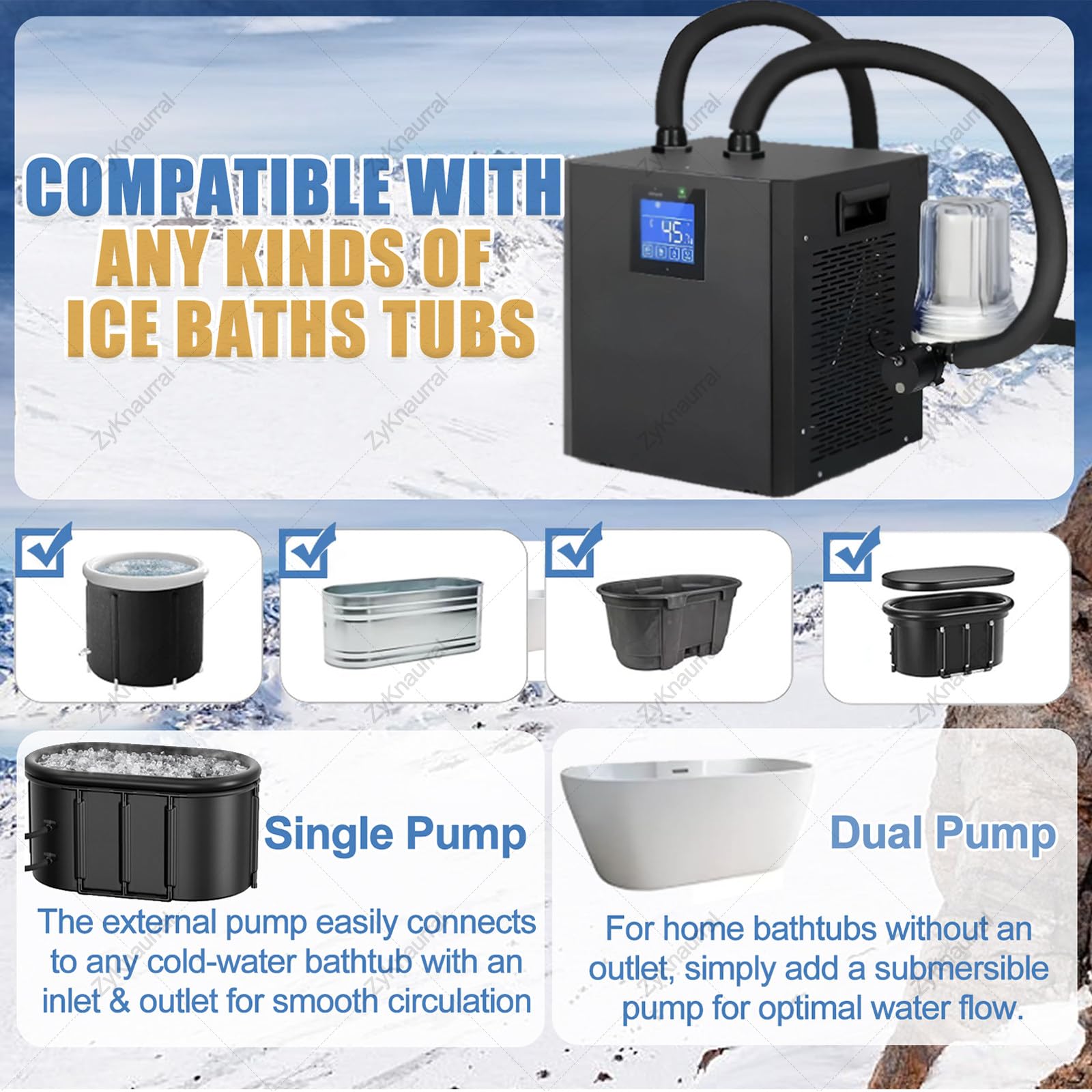 Eisbadkühler, 1/3 Ps Kaltwasserkühler Mit Externem Filter Und Pumpe, Isolierte Schläuche Verbessern Die Kühlleistung, Erholungswasserkühler Für Sportler DoublePumps