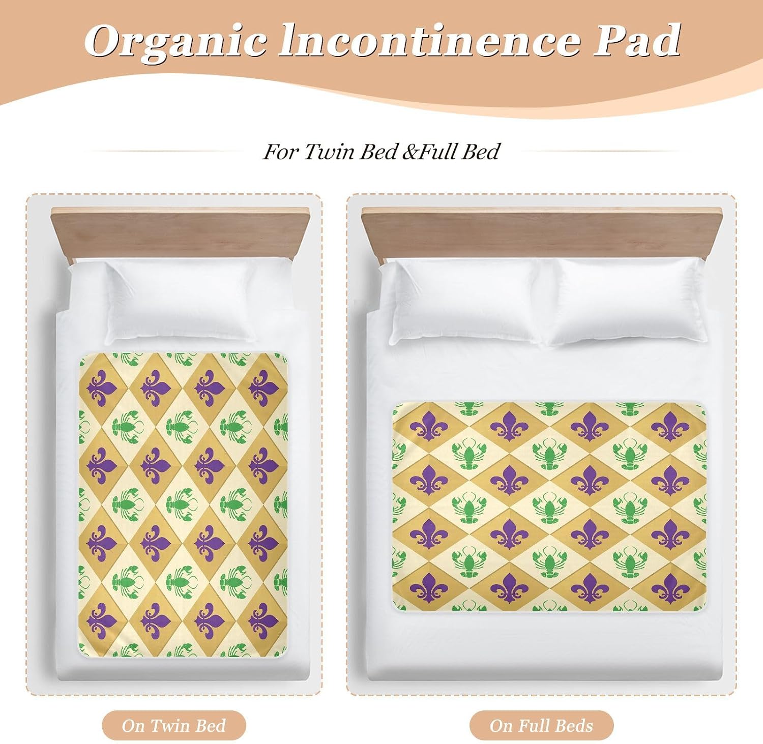 CEBUGI 34” x 52”Washable Underpads Heavy Absorbency Waterproof Incontinence Bed Pads Fleur-de-lis Pattern Pee Pads for Adults Kids and Baby