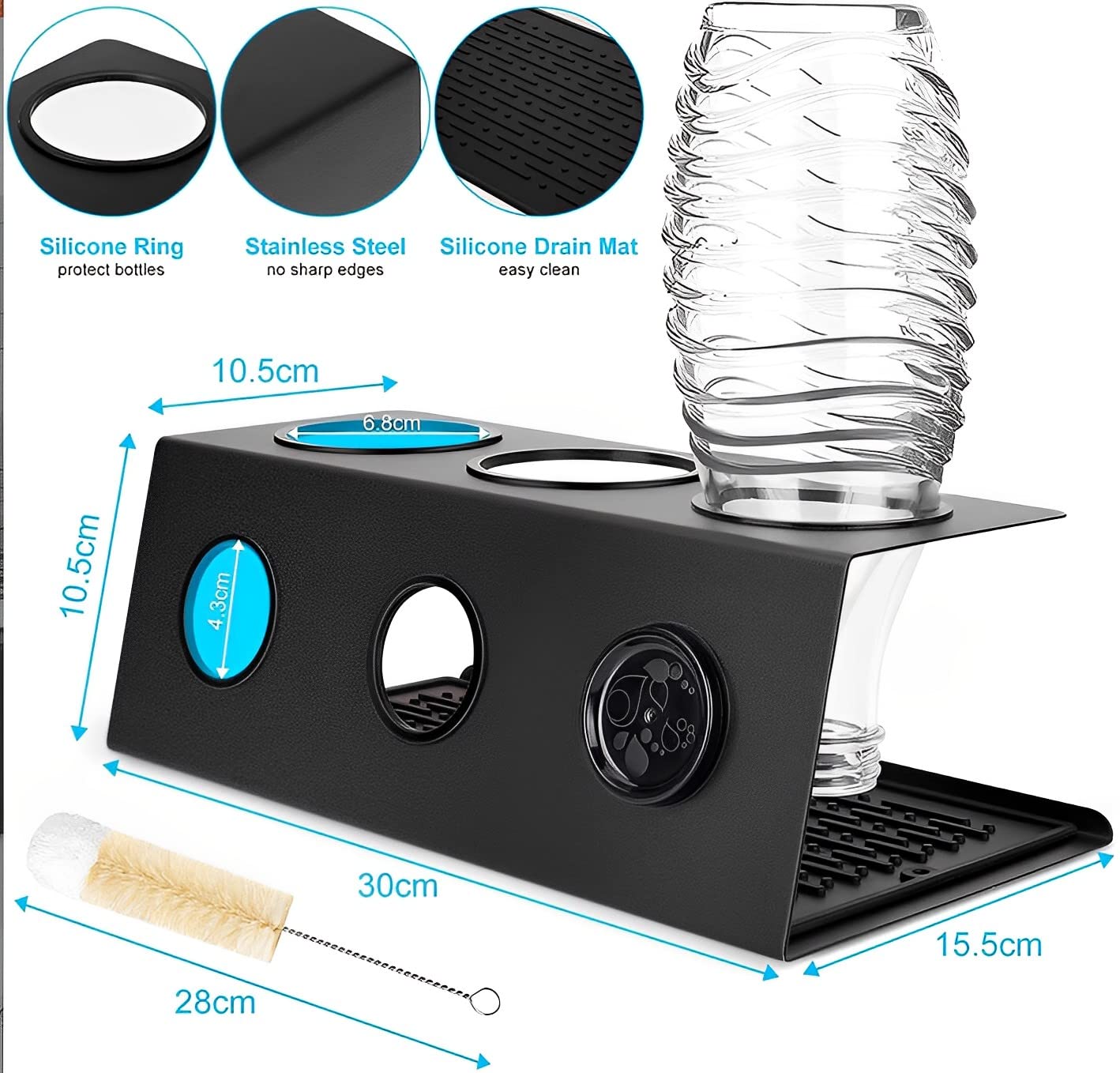 AMSAMOTION Uchwyt na butelki kompatybilny z SodaStream i popularnymi butelkami na wodę, 3 uchwyty na ociekacz, stojak na ociekacz, silikonowe pierścienie ochronne, mata ociekowa, szczotka do butelek