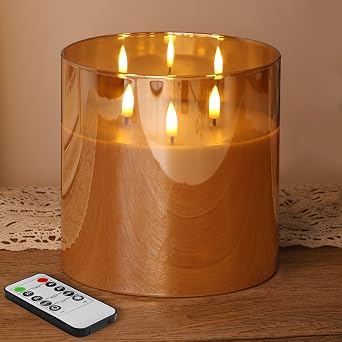 Eywamage Large 3 Wick Gold Glass Flameless Pillar Candle with Remote