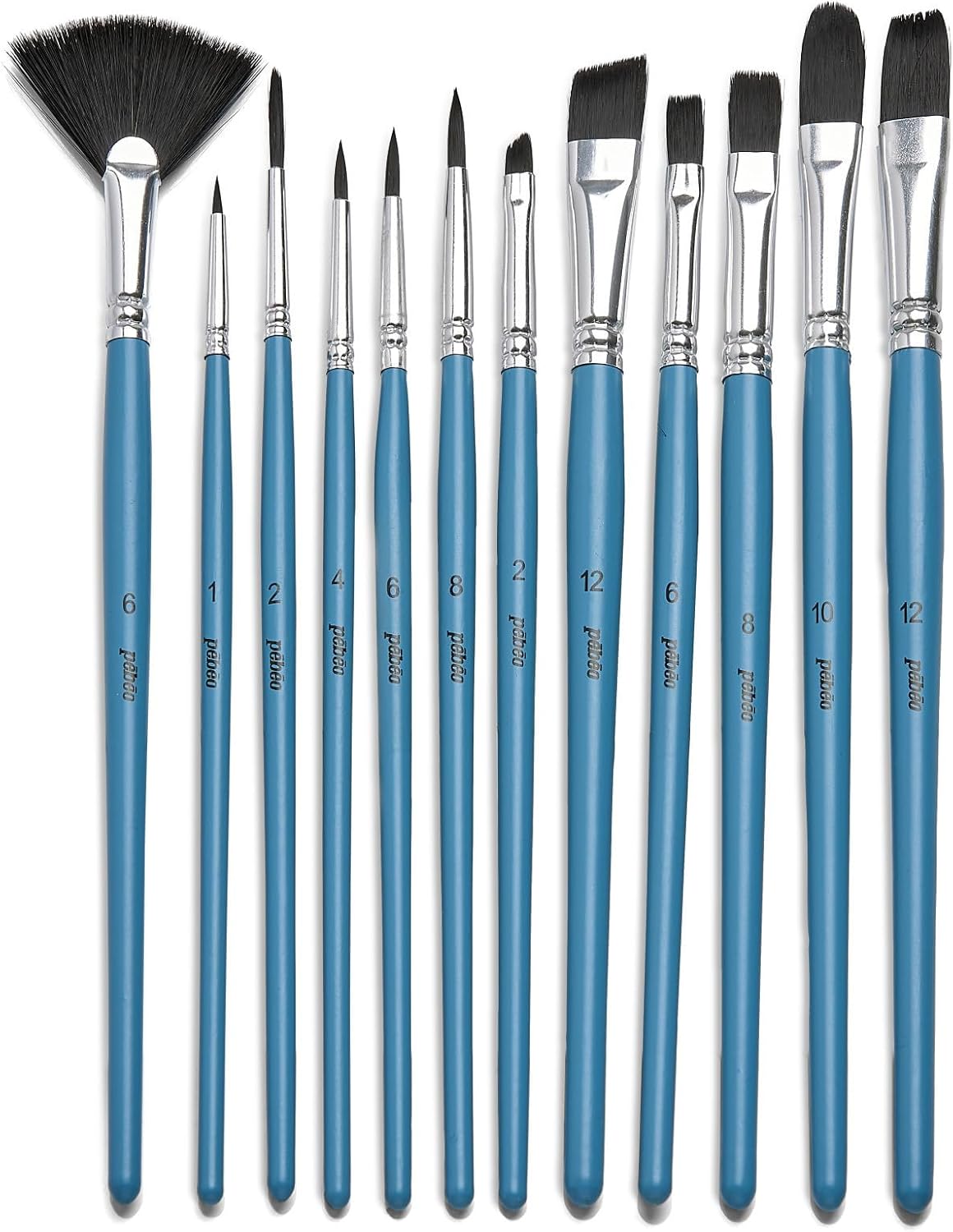 Pébéo 12 Round Plotter Brushes Flat Fan Filbert Bevelled Watercolour Imitation Small Grey