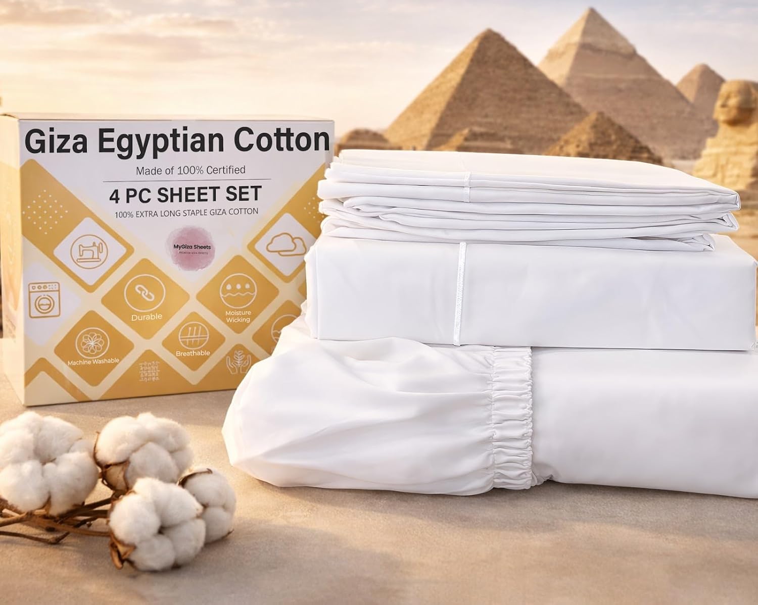 MyGiza Sheets 4 Pcs Twin Sheet Set, 100% Certified Giza Egyptian Cotton, Soft & Luxury Sheets fits 15 Inches Deep Mattress, White