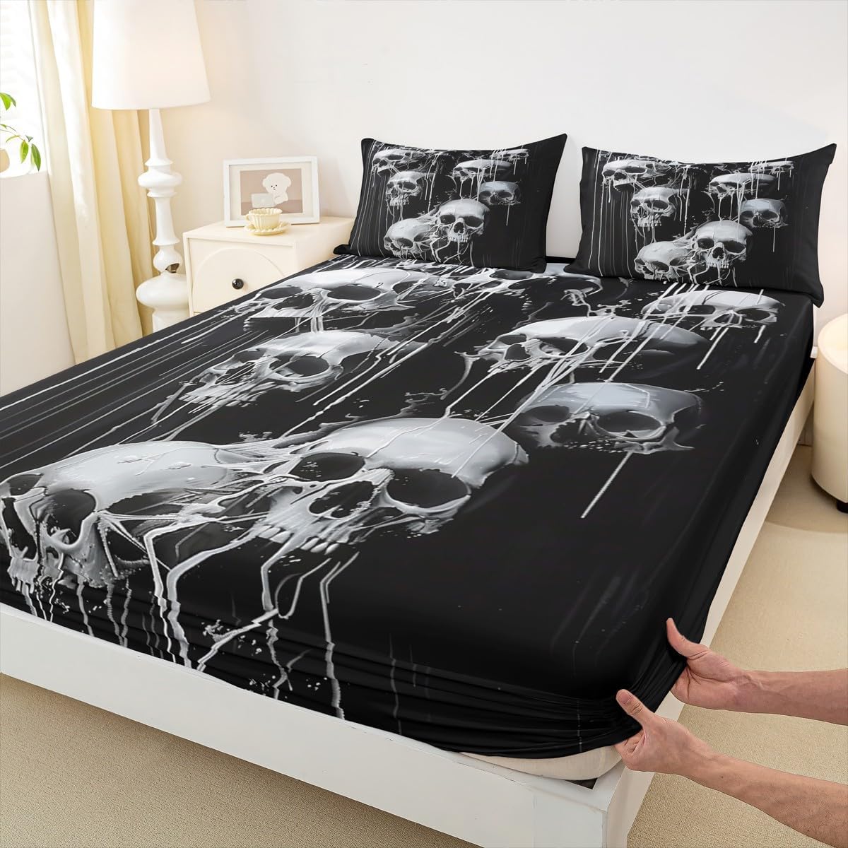 Erosebridal Gothic Skull Fitted Sheet Full Size - Black Goth Bedding Set, Vintage Style Skeleton Bed Sheets for Women Men, Spooky Horror Halloween Bed Set 3Pc Room Decor (No Flat Sheet)