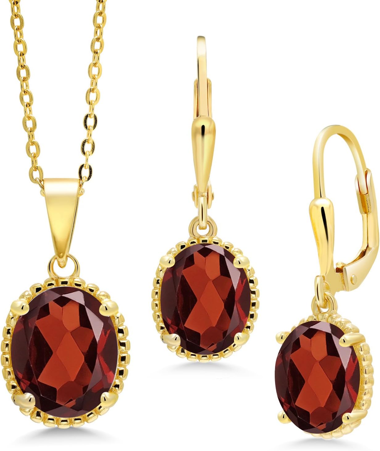 18K Yellow Gold Plated Silver Oval Red Garnet Pendant and Earrings Jewelry Set For Women | 7.20 Cttw | Gemstone Birthstone | With 18 Inch Chain | Fine Jewelry Gifts for Her Mom Women Wife - Image 5