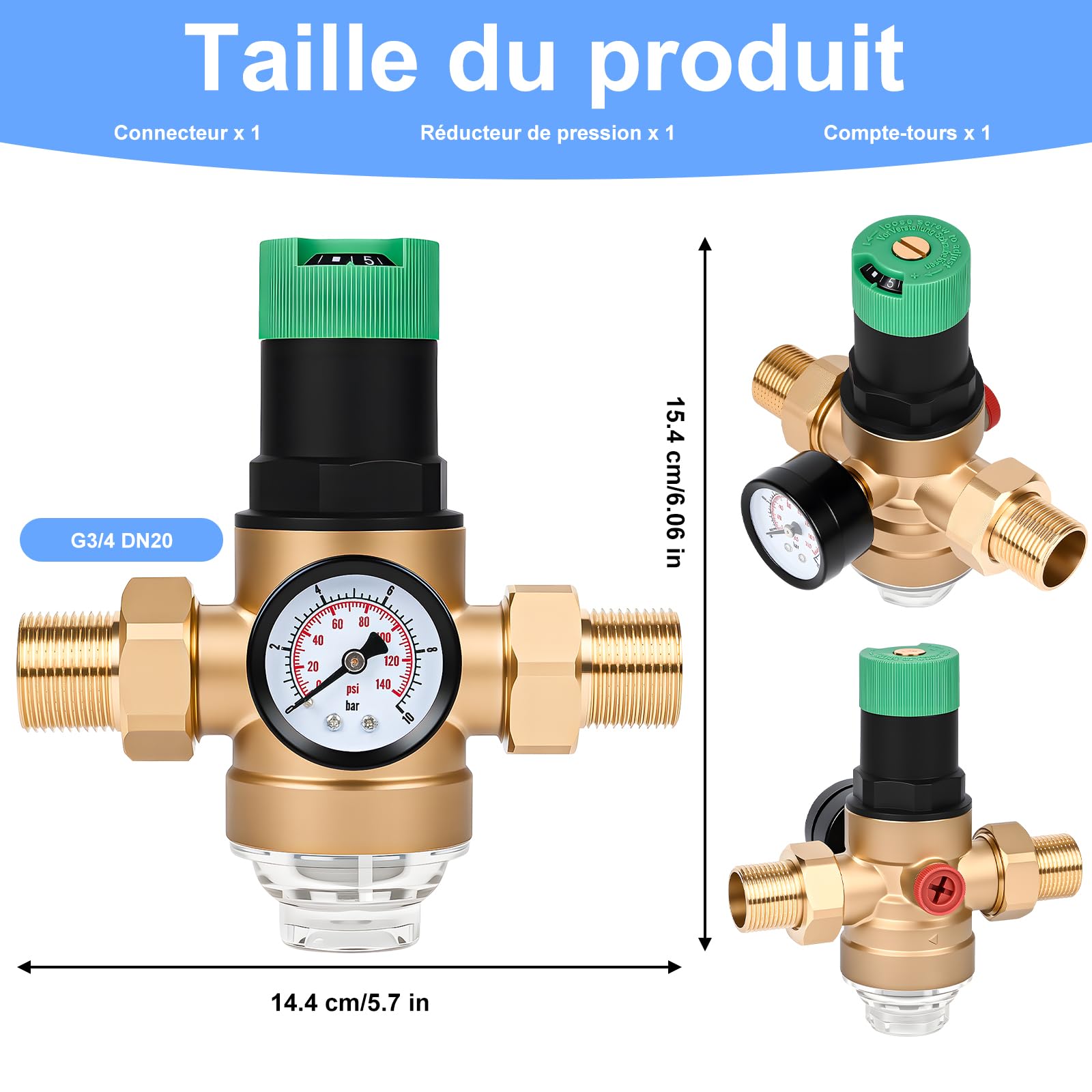 Diealles Shine Réducteur de pression d'eau 3/4", régulateur de pression d'eau avec manomètre et filtre à tamis, valve réducteur de pression régulateur de pression en laiton pour maisons, bâtiments