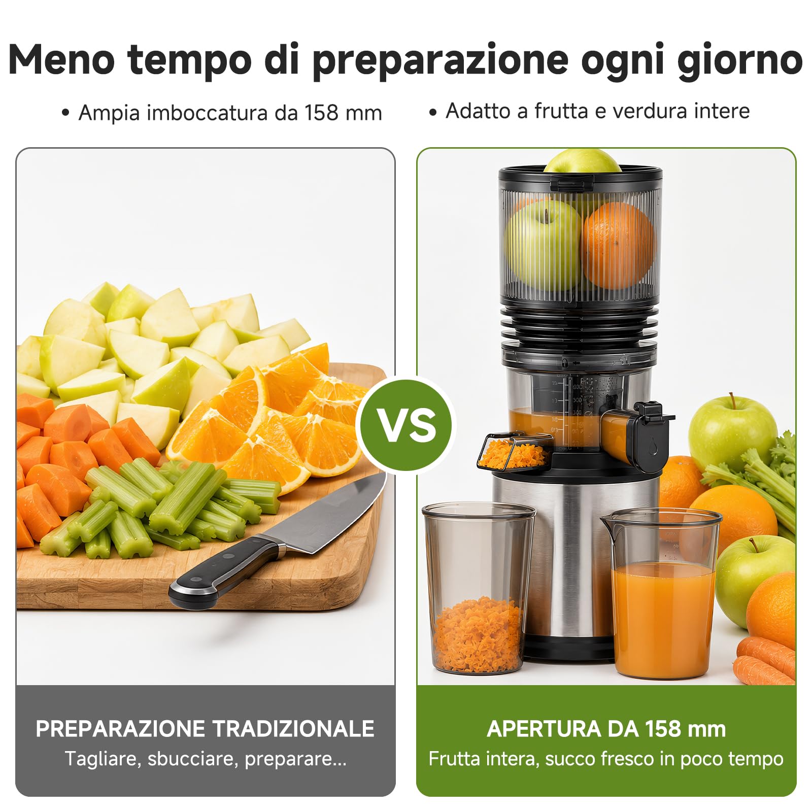 AMZCHEF Estrattore Frutta e Verdura, Frutta Intera Senza Taglio con Bocca XXL da 158 mm, Facile da Pulire, Alta Resa del Succo, Estrattore a Freddo Silenzioso 45 dB, Ideale per Colazione e Famiglia