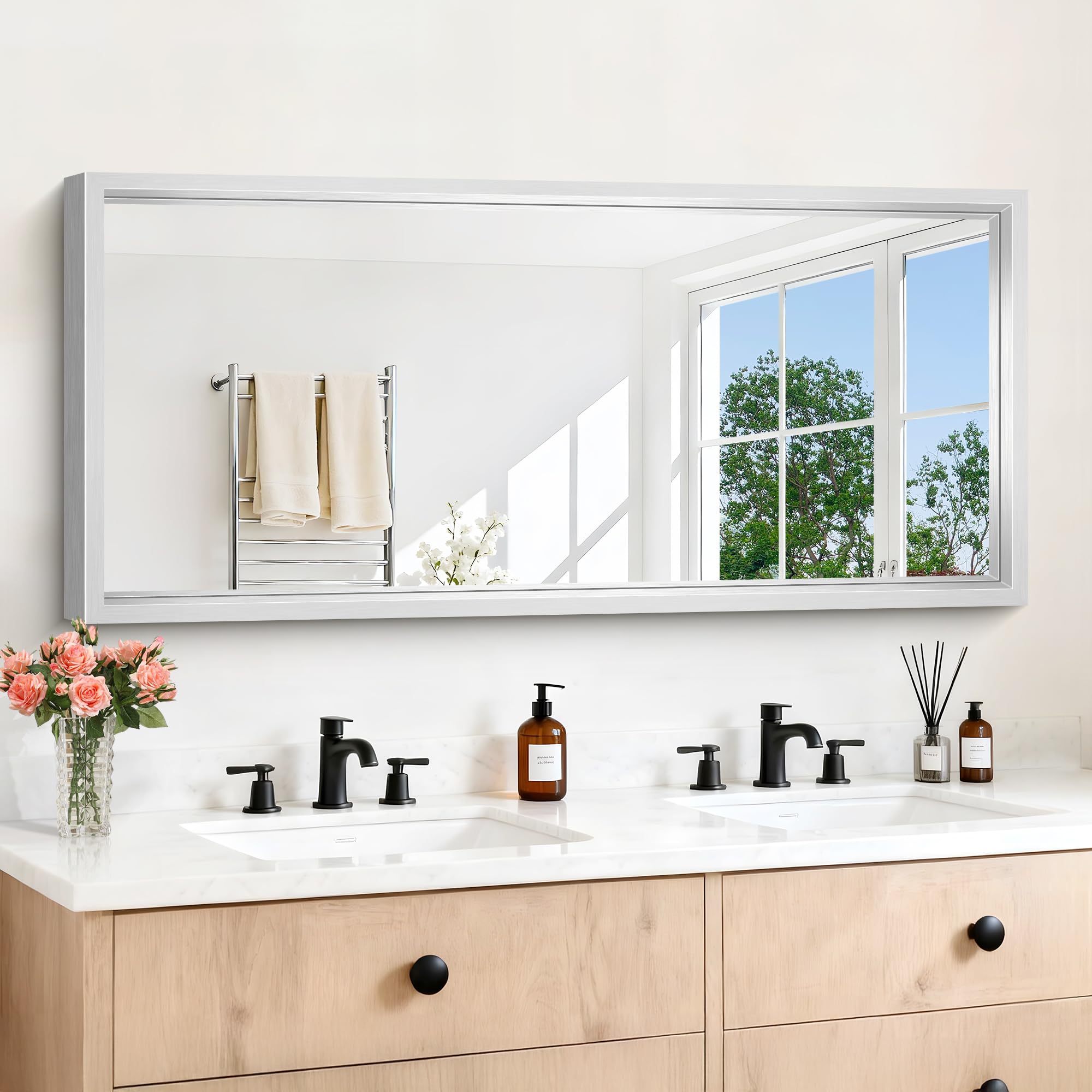 28x60 inch Brushed Silver Bathroom Mirror Large Rectangular Mirror for Wall 0 6 Thickened Deep Frame Mirrors for