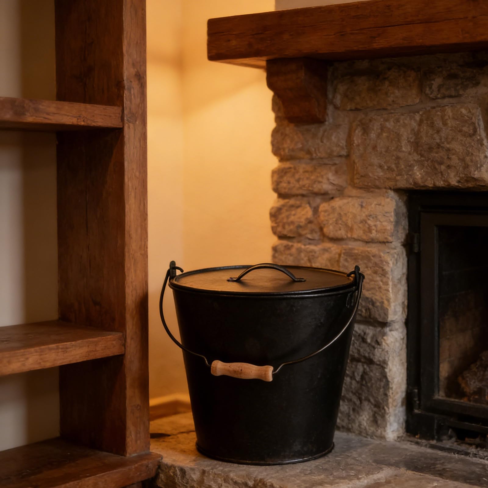 Secchio per cenere con coperchio - Contenitore in metallo per carbone con manico in legno per caminetto, braciere o stufa a legna - Ignifugo per una facile raccolta della cenere e un utilizzo