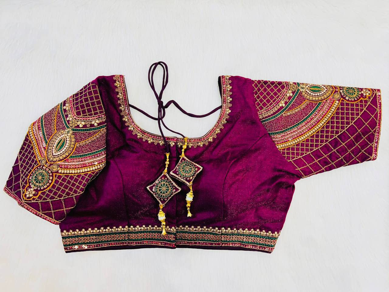 Pujia Mills Women's Milan Silk Copper Zari Codding Embroidery With Sequins Work Saree Blouse(Vardha Wine)