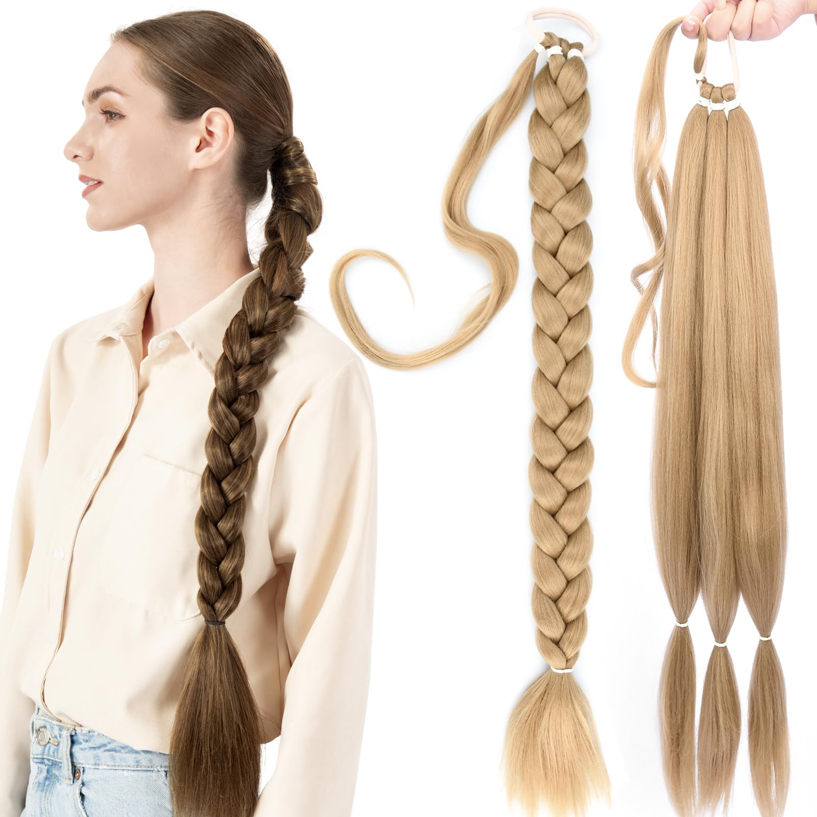 BOBIYA Long Braided Ponytail Extension 30 Inch Pre stretched Braiding Hair Extensions DIY Braid Ponytail Natural Soft Ponytails (Champagne)